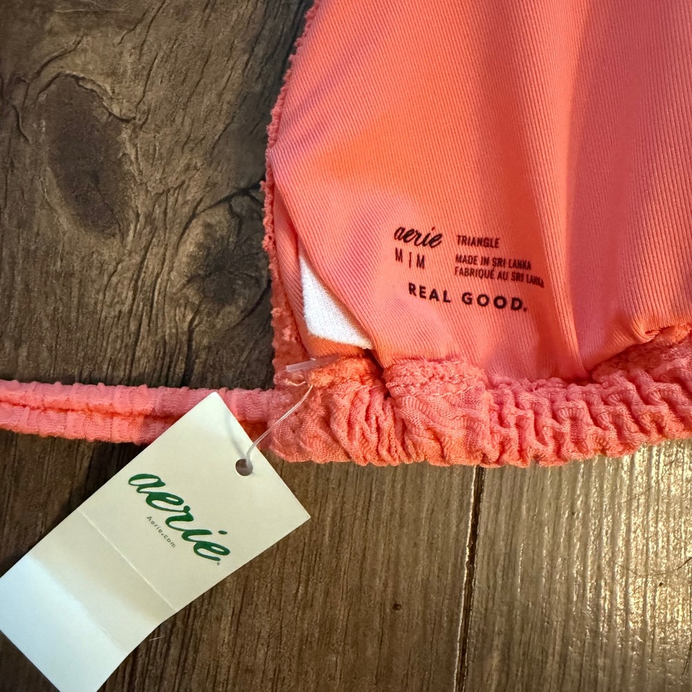 Aerie Triangle Bikini Top Womens Medium Coral Orange Textured Waffle Halter Swim - Picture 5 of 10